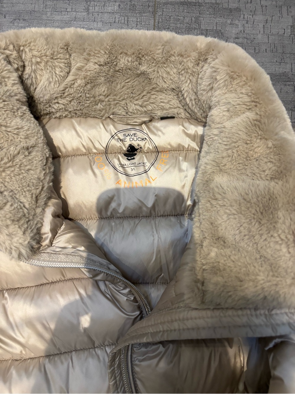 SAVE THE DUCK Beige Quilted Puffer Jacket with Faux Fur Collar